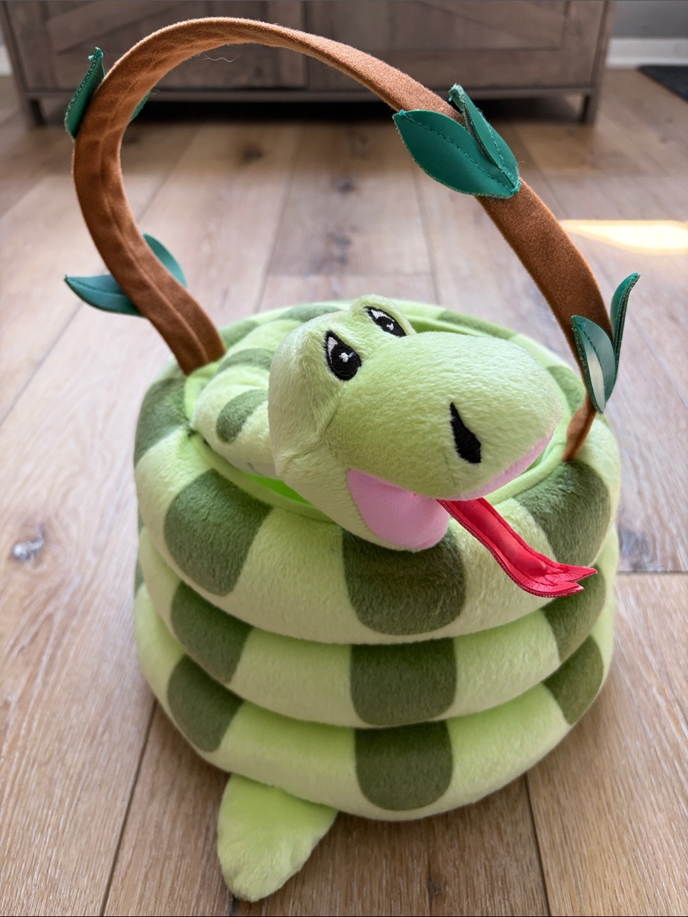 Vintage Plush Coiled Green Snake Basket Treat Gift Decor Kids